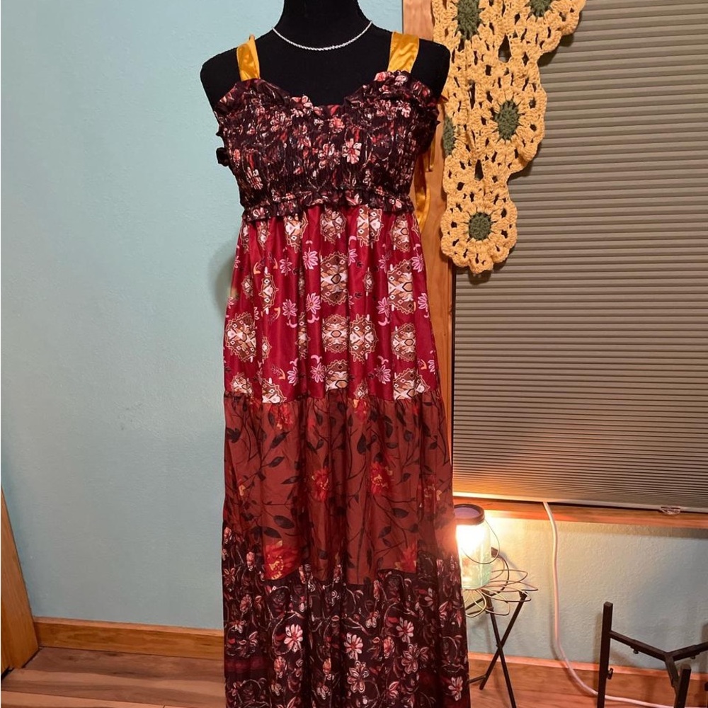 Bohemian Floral Tiered Maxi Dress in Burgundy with Gold Straps